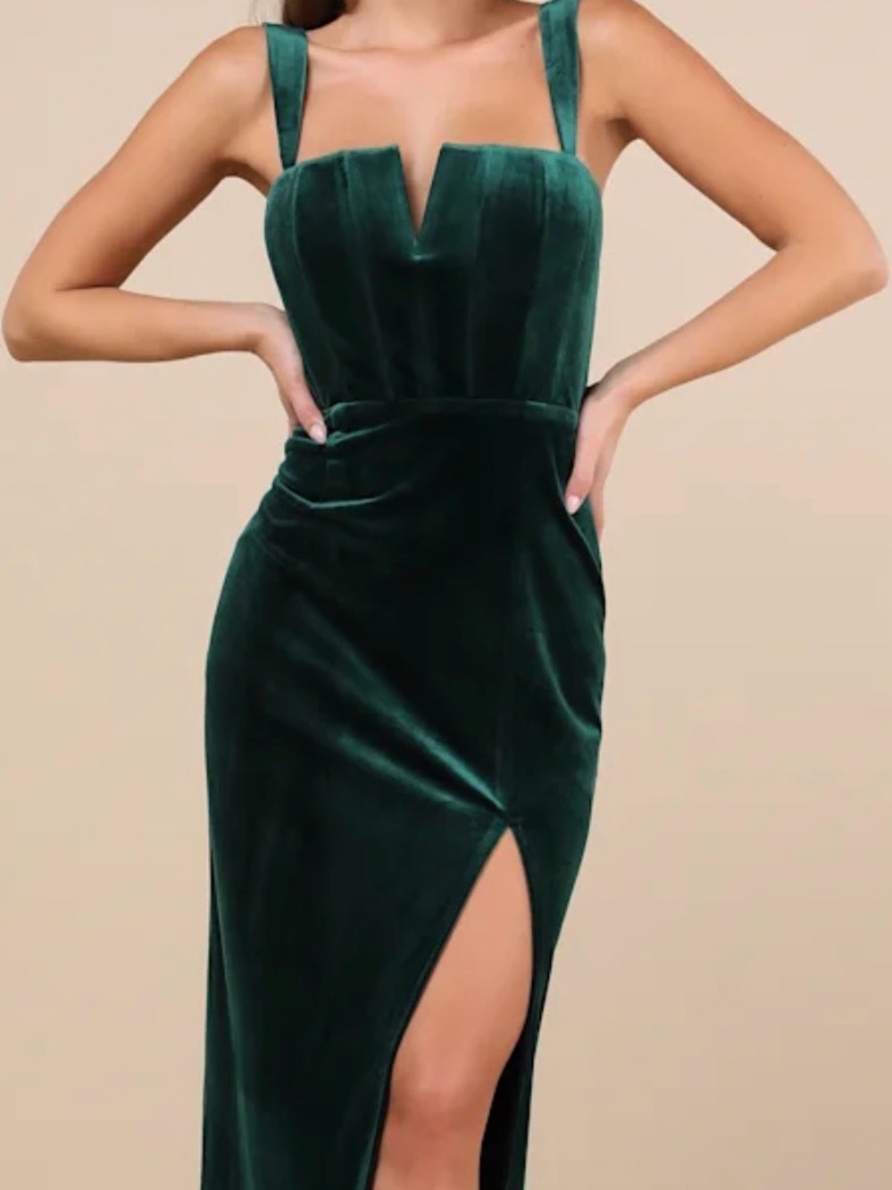 Lulu's Emerald Green Velvet One-Shoulder Slit Dress